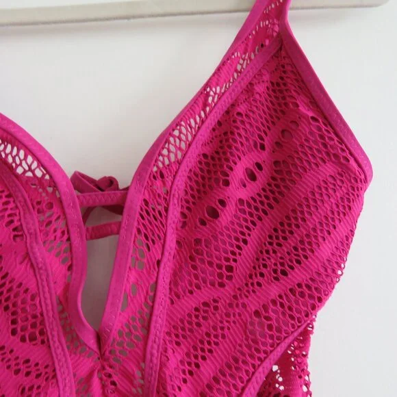 BECCA Purple Color Play Crochet Plunge One-Piece Swimsuit Magenta - Size XS - Picture 5 of 14